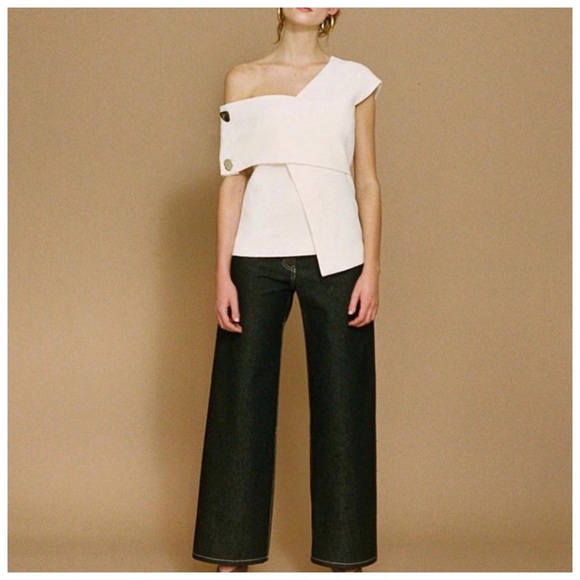 Black & White Asymmetrical Shoulder Button Top - Picture 3 of 8